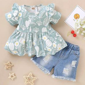 2-Piece Floral Printed Top and Ripped Shorts